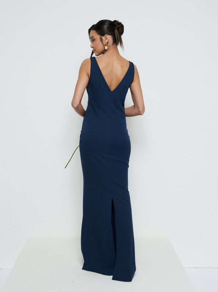 Marina Is 5'7.5" & Wears Size UK 8|Esmee Crepe Maxi Bridesmaid Dress - Navy