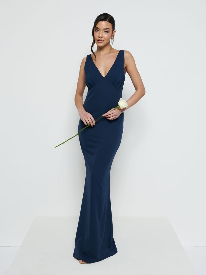 Marina Is 5'7.5" & Wears Size UK 8|Esmee Crepe Maxi Bridesmaid Dress - Navy