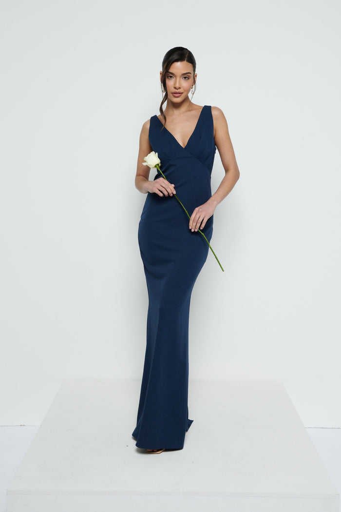 Marina Is 5'7.5" & Wears Size UK 8|Esmee Crepe Maxi Bridesmaid Dress - Navy