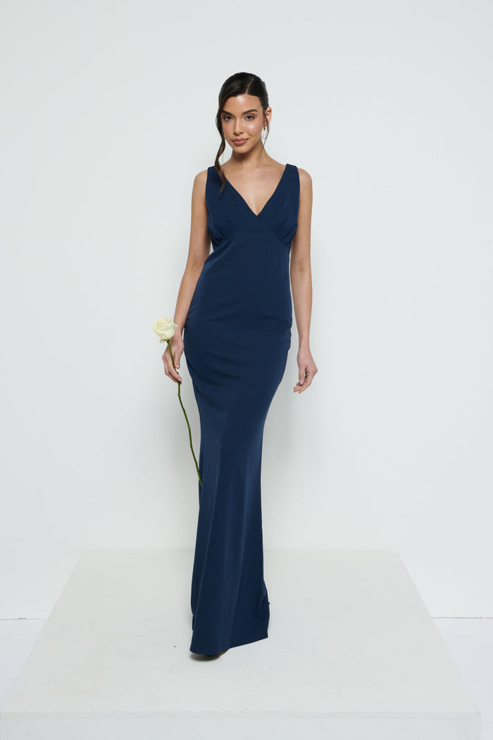 Marina Is 5'7.5" & Wears Size UK 8|Esmee Crepe Maxi Bridesmaid Dress - Navy