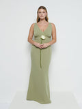 Theo Is 5'8.5" & Wears Size UK 12|Esmee V-Neck Crepe Maxi Bridesmaid Dress - Olive