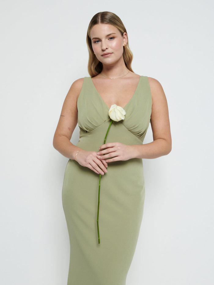 Theo Is 5'8.5" & Wears Size UK 12|Esmee V-Neck Crepe Maxi Bridesmaid Dress - Olive