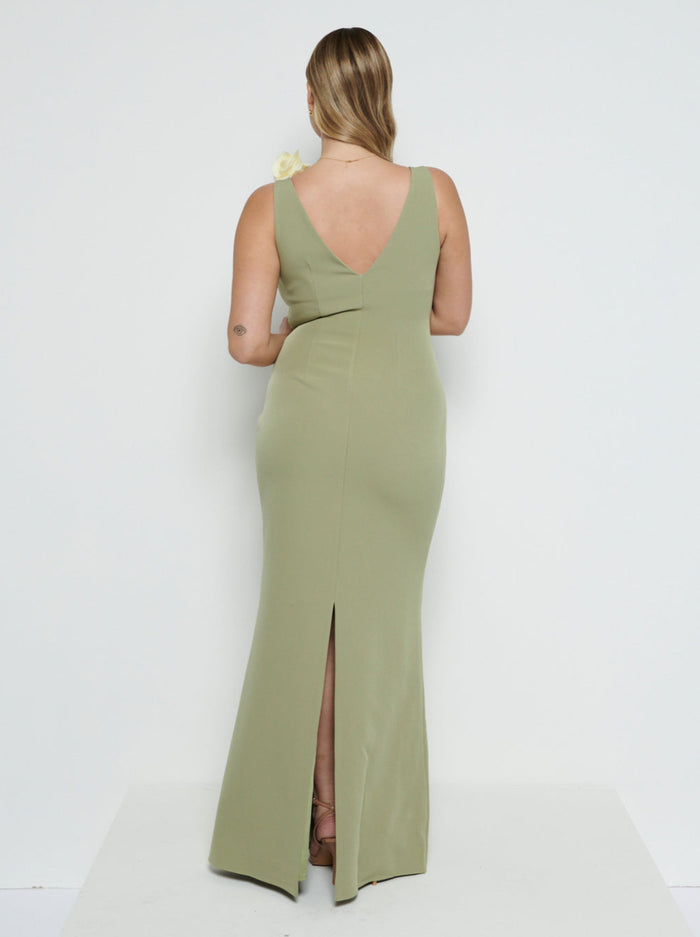 Theo Is 5'8.5" & Wears Size UK 12|Esmee V-Neck Crepe Maxi Bridesmaid Dress - Olive