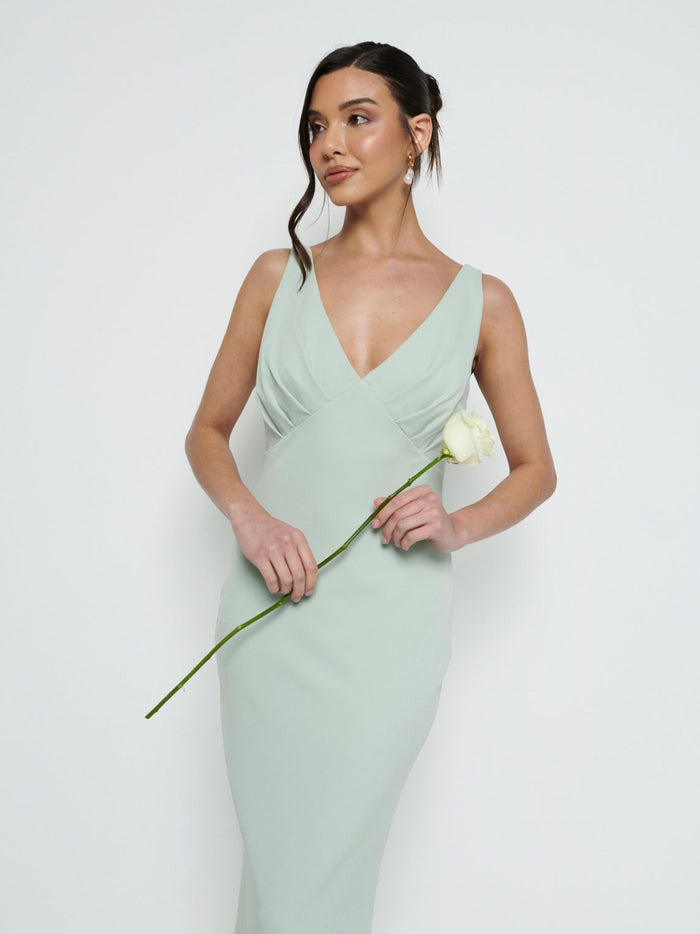 Marina Is 5'7.5" & Wears Size UK 8|Esmee V-Neck Crepe Maxi Bridesmaid Dress - Sage