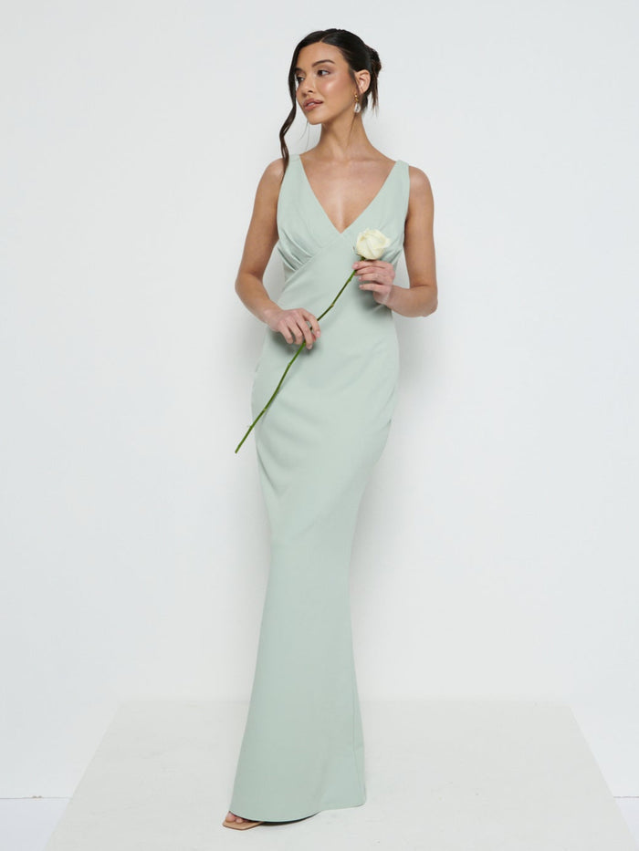 Marina Is 5'7.5" & Wears Size UK 8|Esmee V-Neck Crepe Maxi Bridesmaid Dress - Sage