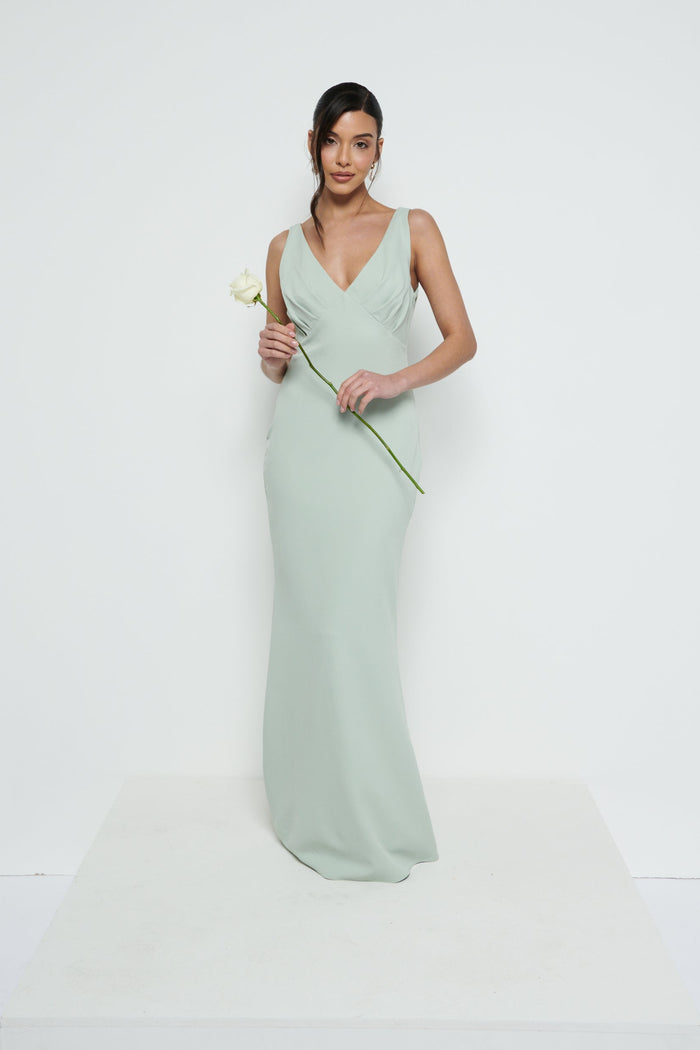 Marina Is 5'7.5" & Wears Size UK 8|Esmee V-Neck Crepe Maxi Bridesmaid Dress - Sage