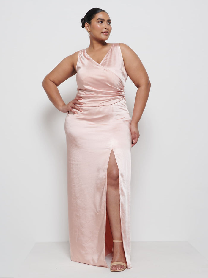 Souki Is 5'8" & Wears Size UK 18|Esmee Wrap Maxi Bridesmaid Dress Curve - Blush