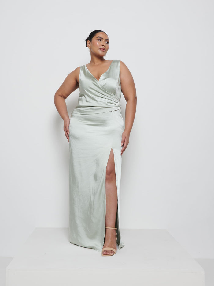 Souki Is 5'8" & Wears Size UK 18|Esmee Wrap Maxi Bridesmaid Dress Curve - Sage