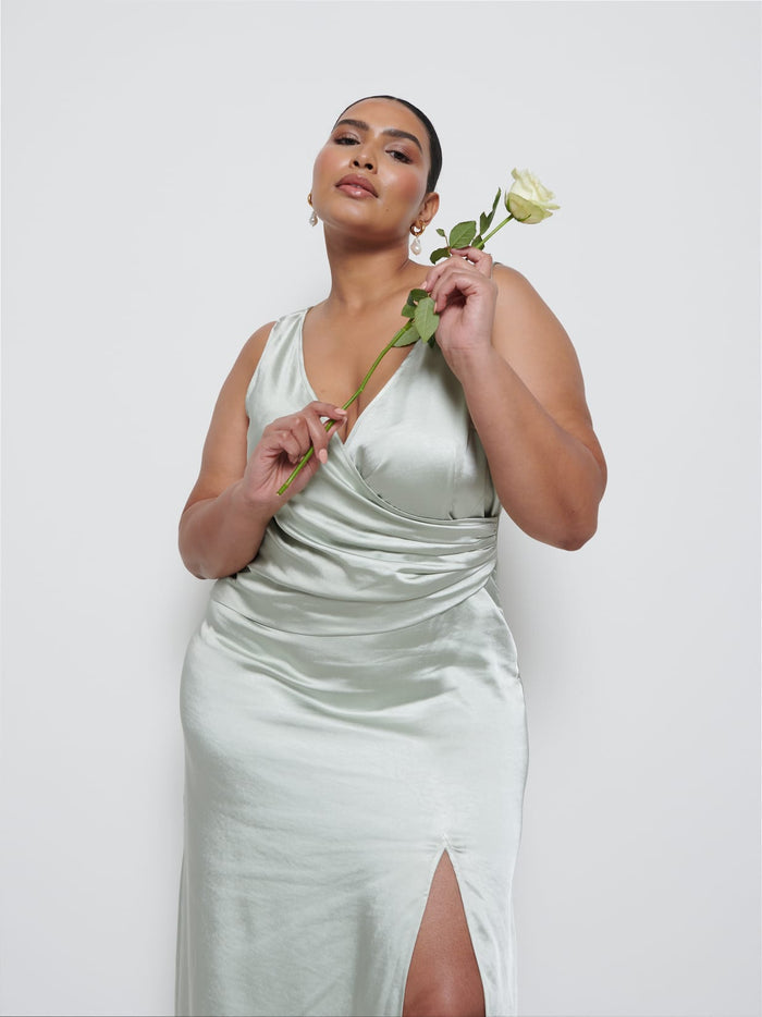 Souki Is 5'8" & Wears Size UK 18|Esmee Wrap Maxi Bridesmaid Dress Curve - Sage