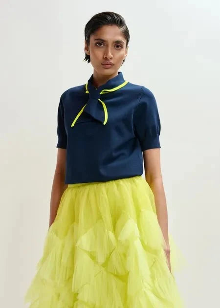 Essentiel Antwerp - Jondra Navy Fine - Knit Polo w/ Bright Yellow Scarf Collar - Kalifornia Jean Bar