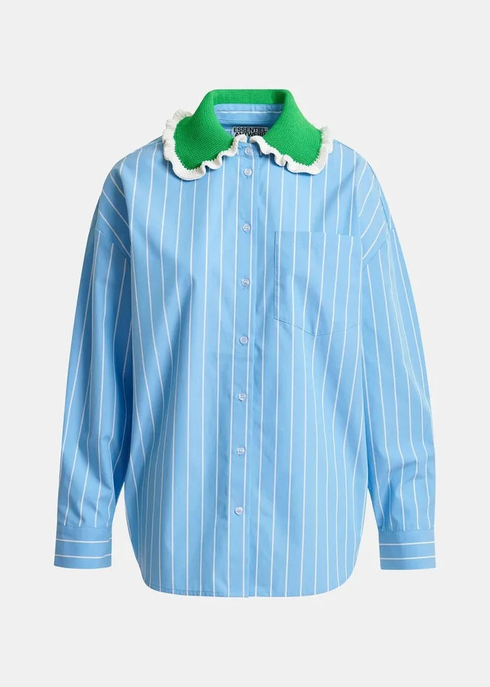 Essentiel Antwerp - Joyful Light Blue Striped Polo Green Crocheted Collar - Kalifornia Jean Bar