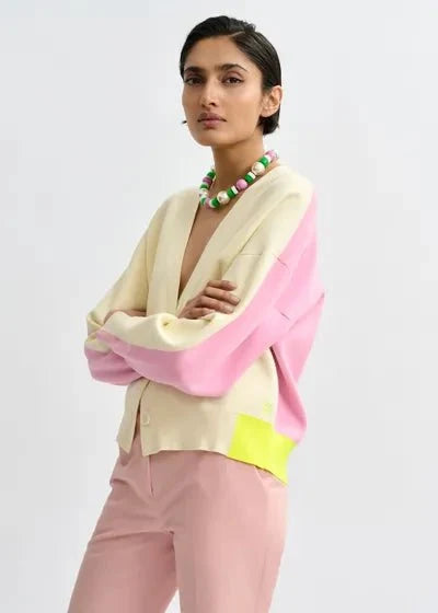 Essentiel Antwerp - Off - White Pink Yellow Colorblock Cardigan - Kalifornia Jean Bar