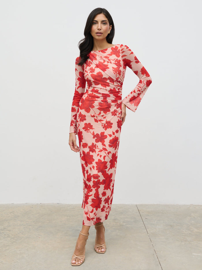 Lygia Is 5'9" & Wears Size UK 8|Ethel Long Sleeve Jersey Midaxi Dress - Red Floral