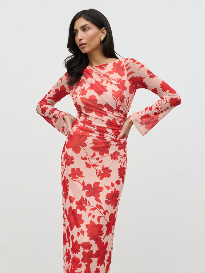 Lygia Is 5'9" & Wears Size UK 8|Ethel Long Sleeve Jersey Midaxi Dress - Red Floral