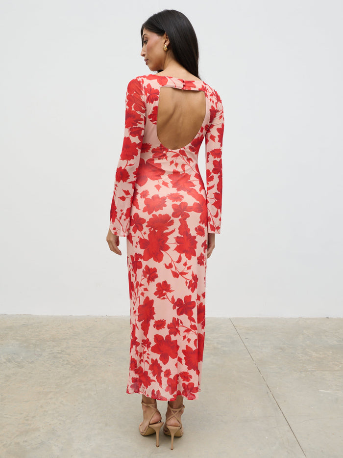 Lygia Is 5'9" & Wears Size UK 8|Ethel Long Sleeve Jersey Midaxi Dress - Red Floral