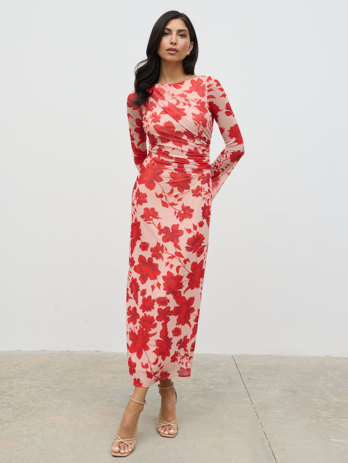 Lygia Is 5'9" & Wears Size UK 8|Ethel Long Sleeve Jersey Midaxi Dress - Red Floral