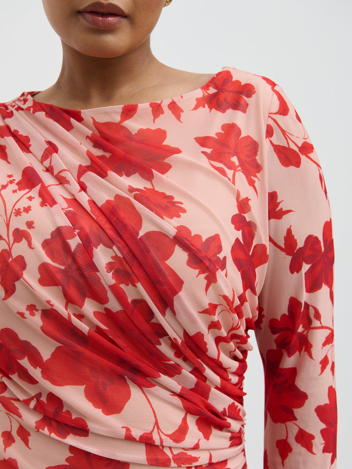 Souki Is 5'8" & Wears Size UK 18|Ethel Long Sleeve Jersey Midaxi Dress Curve - Red Floral