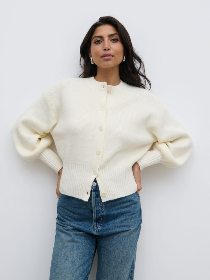 Lygia Is 5'9" & Wears Size UK S|Etta Knit Bomber Jacket - Cream