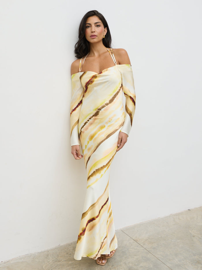 Lygia Is 5'9" & Wears Size UK 8|Ettore Cold Shoulder Maxi Dress - Yellow Ochre Ombre