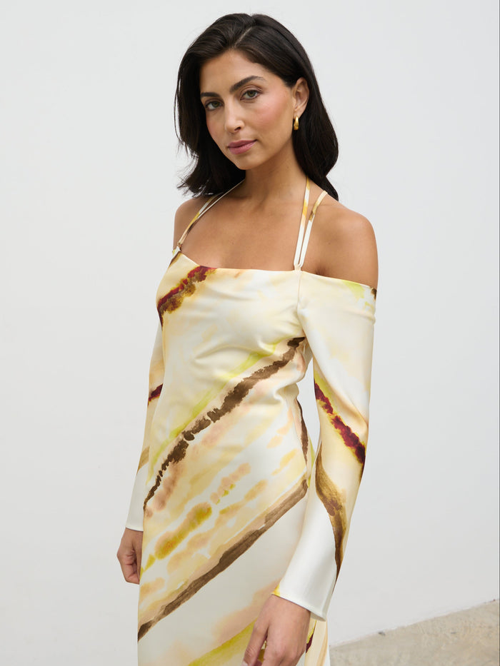 Lygia Is 5'9" & Wears Size UK 8|Ettore Cold Shoulder Maxi Dress - Yellow Ochre Ombre