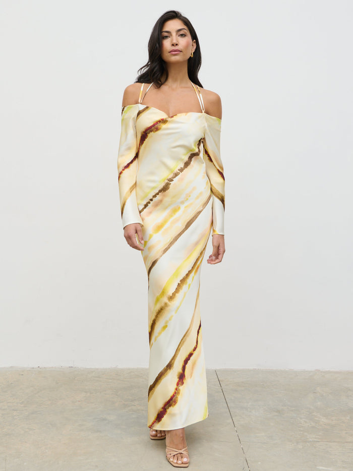 Lygia Is 5'9" & Wears Size UK 8|Ettore Cold Shoulder Maxi Dress - Yellow Ochre Ombre