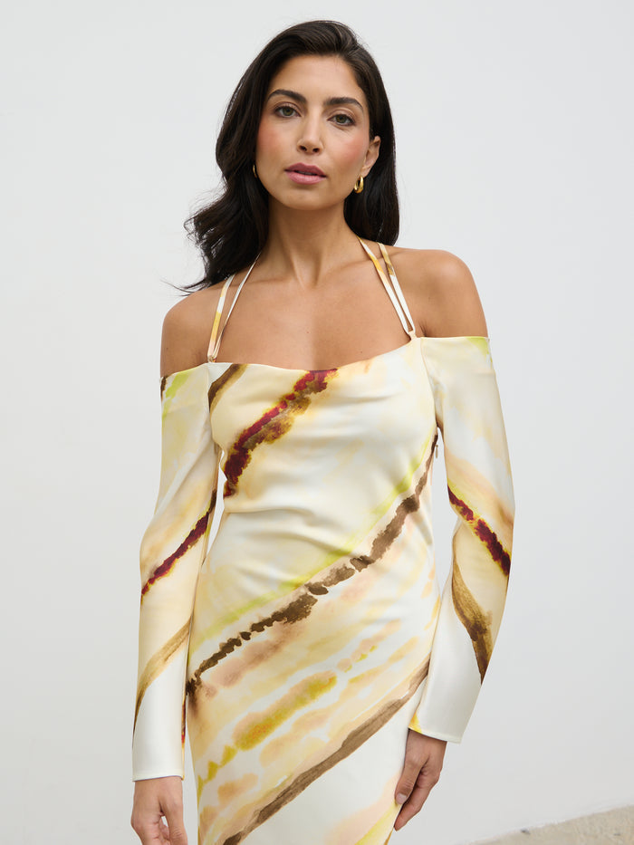 Lygia Is 5'9" & Wears Size UK 8|Ettore Cold Shoulder Maxi Dress - Yellow Ochre Ombre