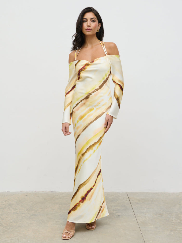 Lygia Is 5'9" & Wears Size UK 8|Ettore Cold Shoulder Maxi Dress - Yellow Ochre Ombre