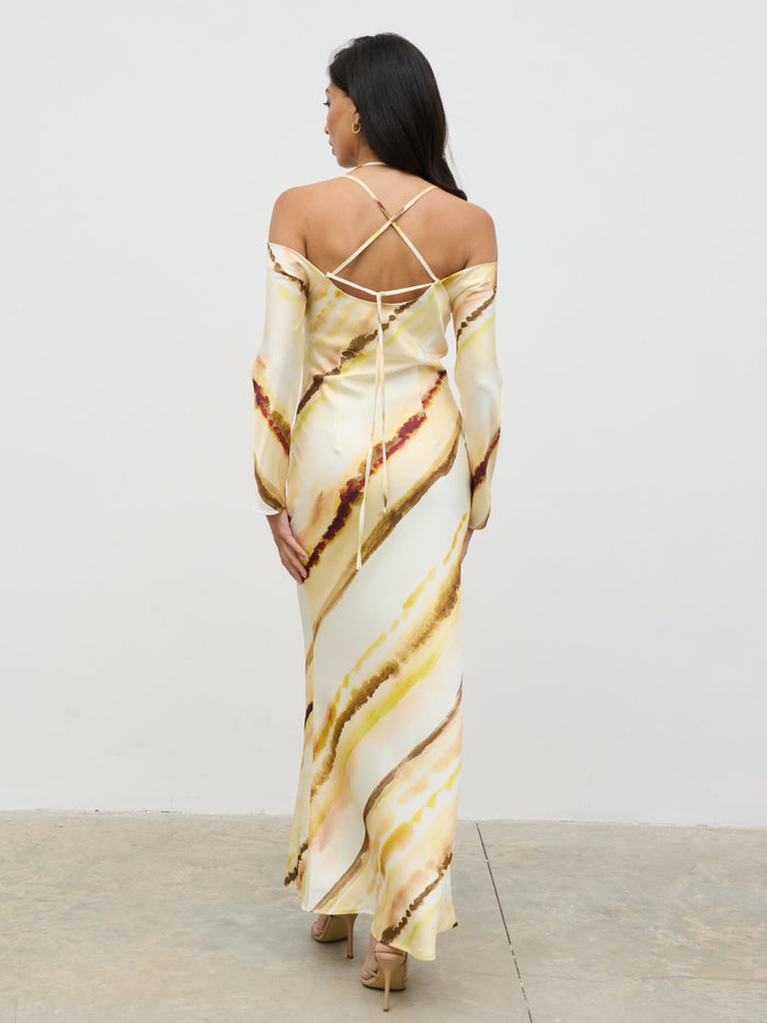 Lygia Is 5'9" & Wears Size UK 8|Ettore Cold Shoulder Maxi Dress - Yellow Ochre Ombre