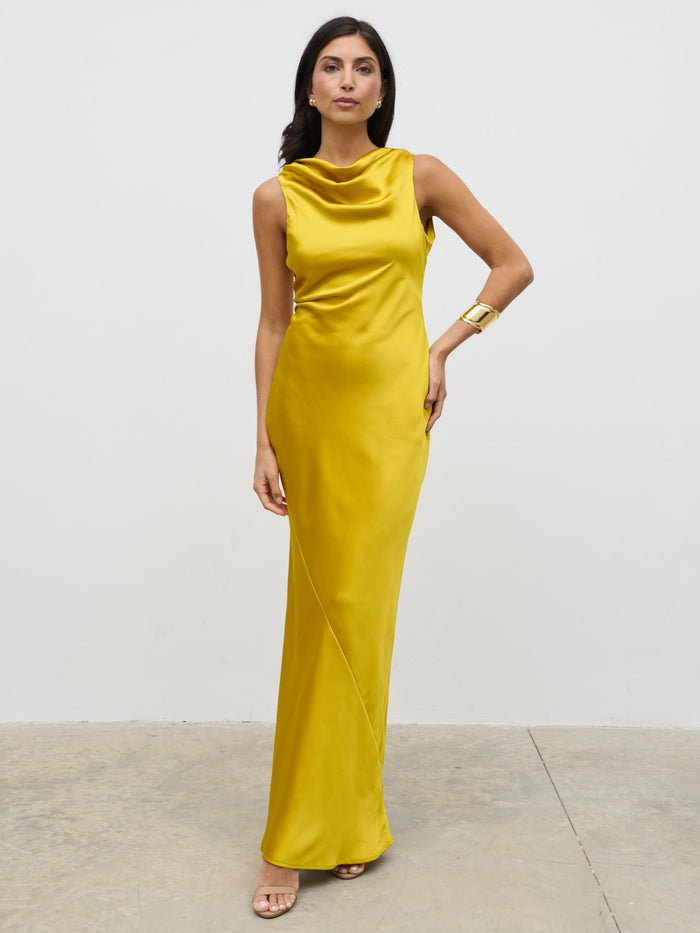 Lygia Is 5'9" & Wears Size UK 8|Everlee Cowl Maxi Dress - Saffron