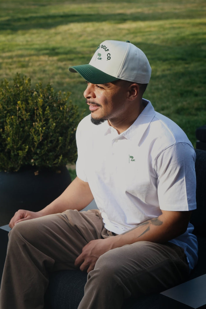 Fade Golf Co. - Flagstick Polo in White/Pine Green - Kalifornia Jean Bar