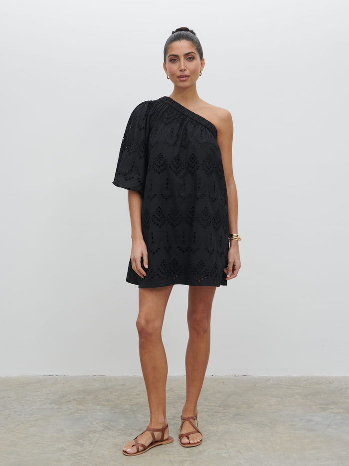 Lygia Is 5'9" & Wears Size UK 8|Fawn Broderie Mini Dress - Black
