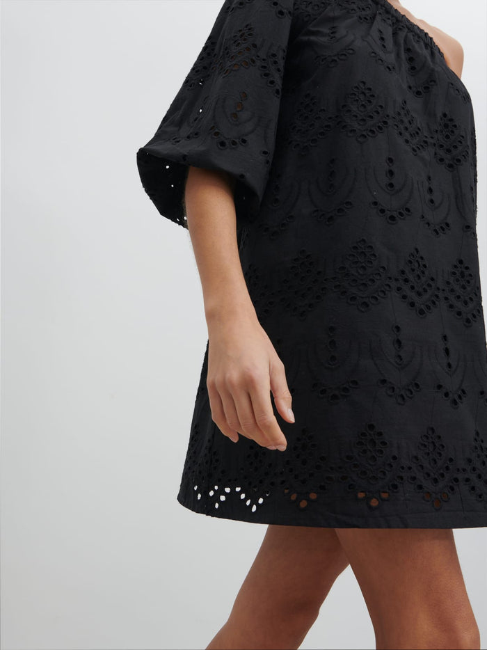 Lygia Is 5'9" & Wears Size UK 8|Fawn Broderie Mini Dress - Black