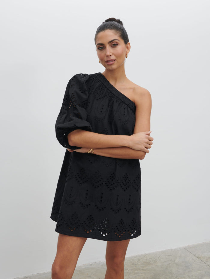 Lygia Is 5'9" & Wears Size UK 8|Fawn Broderie Mini Dress - Black