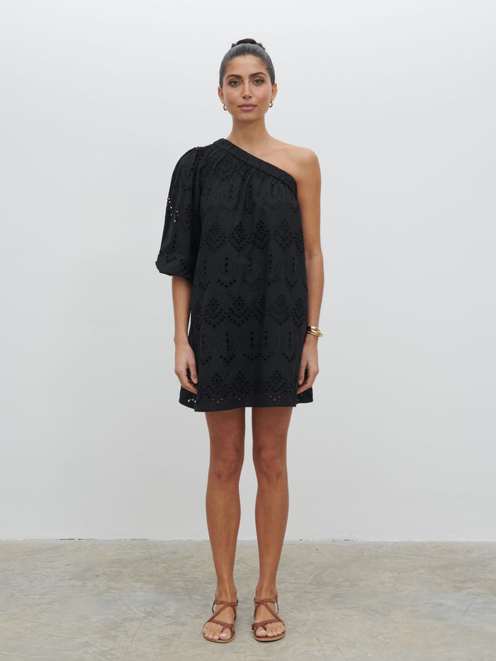 Lygia Is 5'9" & Wears Size UK 8|Fawn Broderie Mini Dress - Black