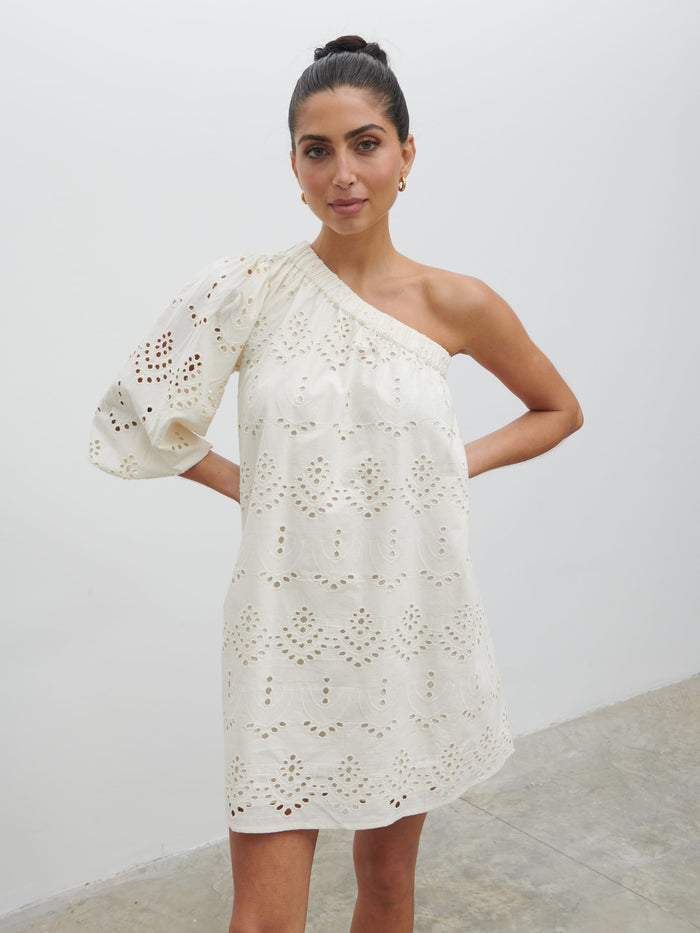Lygia Is 5'9" & Wears Size UK 8|Fawn Broderie Mini Dress - Natural