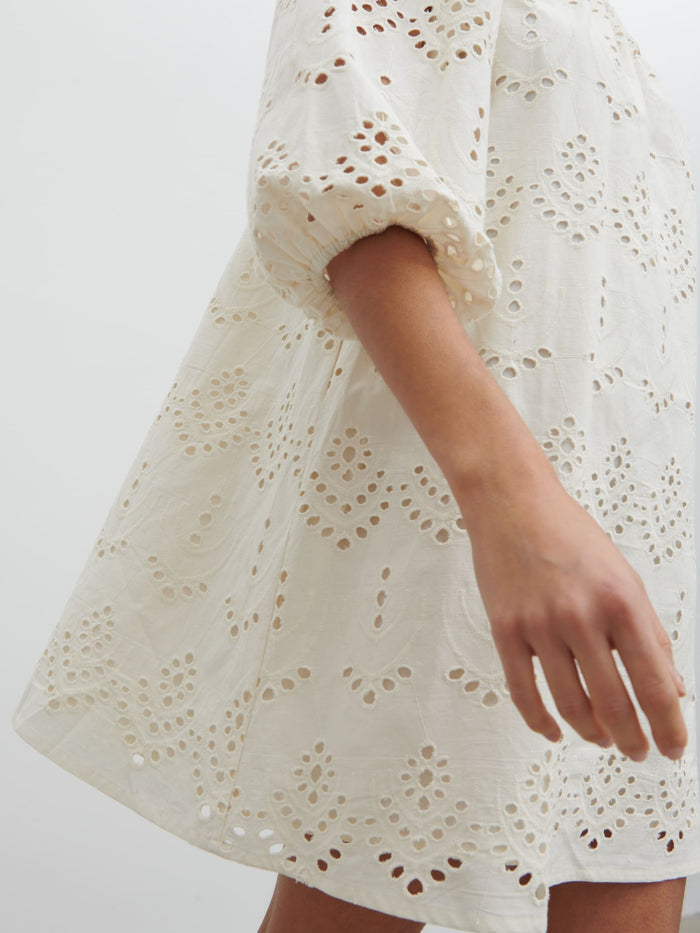 Lygia Is 5'9" & Wears Size UK 8|Fawn Broderie Mini Dress - Natural