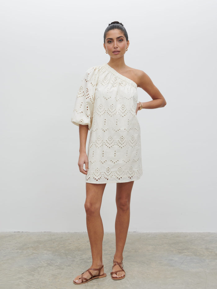 Lygia Is 5'9" & Wears Size UK 8|Fawn Broderie Mini Dress - Natural