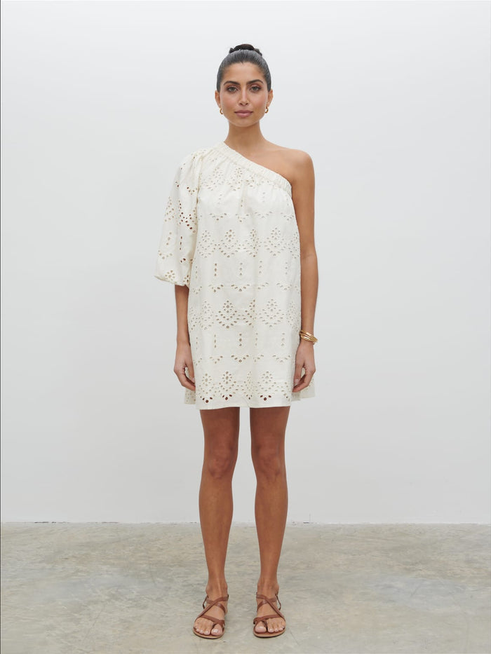 Lygia Is 5'9" & Wears Size UK 8|Fawn Broderie Mini Dress - Natural