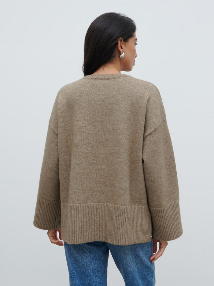 Lygia Is 5'9" & Wears Size UK S|Finnity Slouchy Crew Neck Knit Jumper - Mushroom