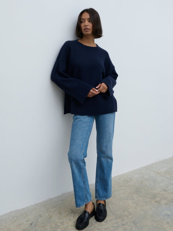 Nayha Is 5'9.5" & Wears Size UK S|Finnity Slouchy Crew Neck Knit Jumper - Navy