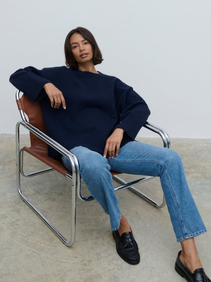 Nayha Is 5'9.5" & Wears Size UK S|Finnity Slouchy Crew Neck Knit Jumper - Navy