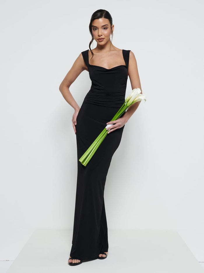 Marina Is 5'7.5" & Wears Size UK 8|Florence Cowl Neck Jersey Maxi Bridesmaid Dress - Black