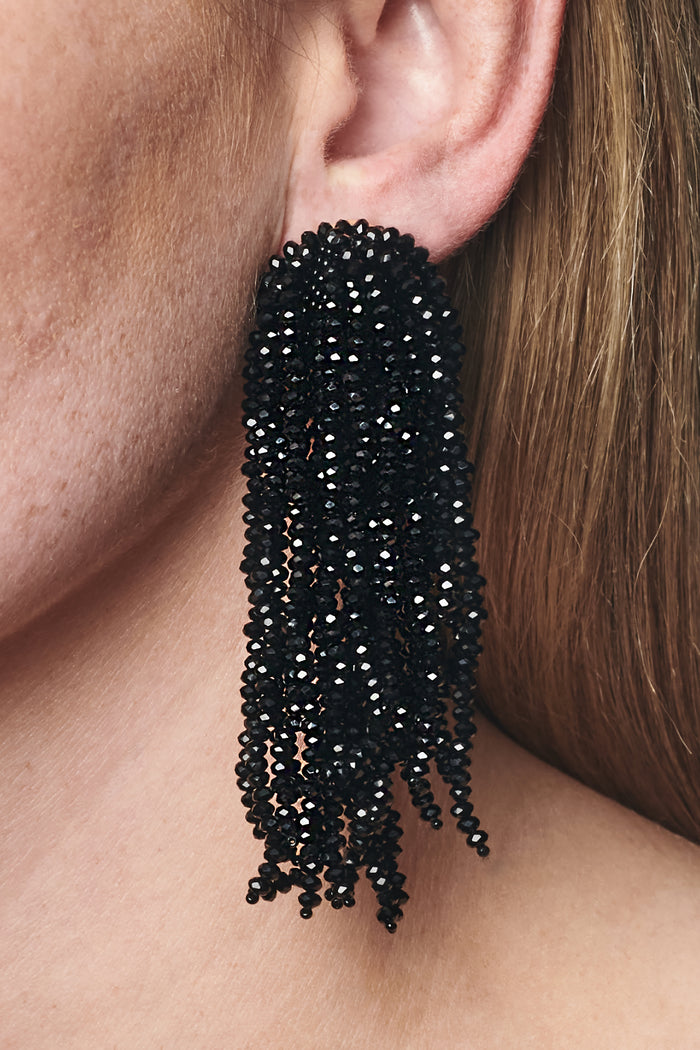 FOUNTAIN BLACK GLASS BEADED TASSEL EARRINGS