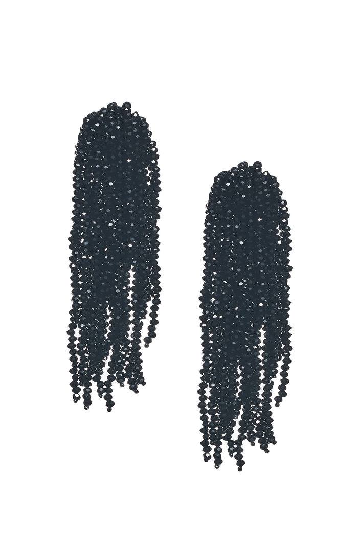 FOUNTAIN BLACK GLASS BEADED TASSEL EARRINGS