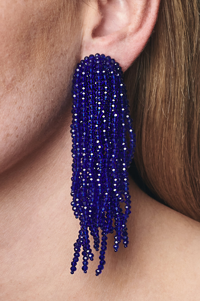 FOUNTAIN COBALT BLUE GLASS BEADED TASSEL EARRINGS