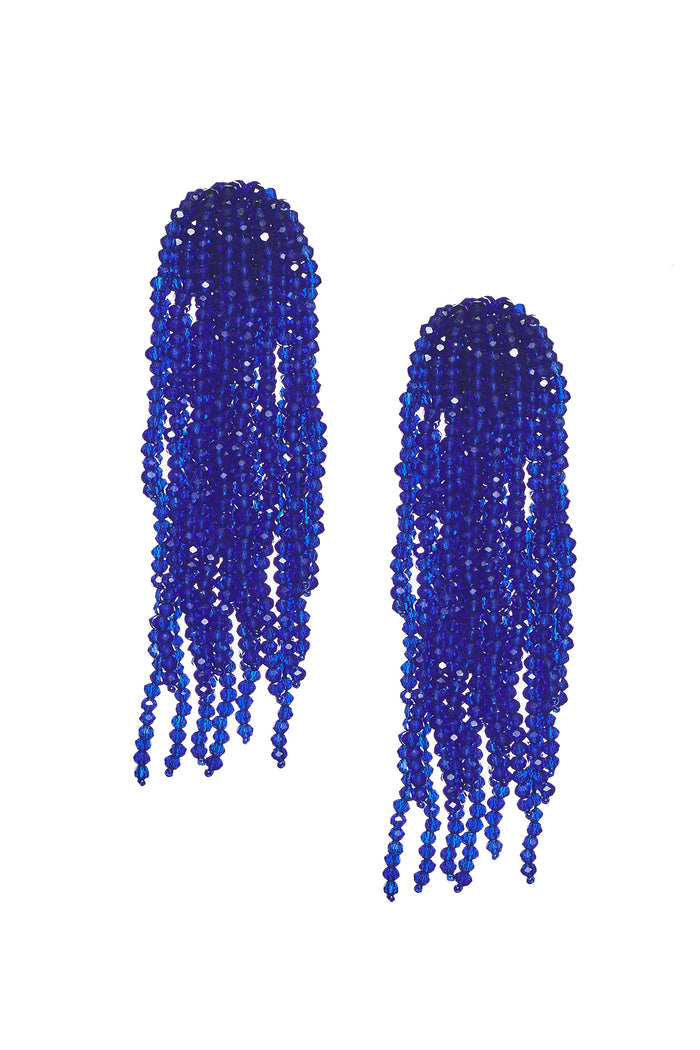 FOUNTAIN COBALT BLUE GLASS BEADED TASSEL EARRINGS