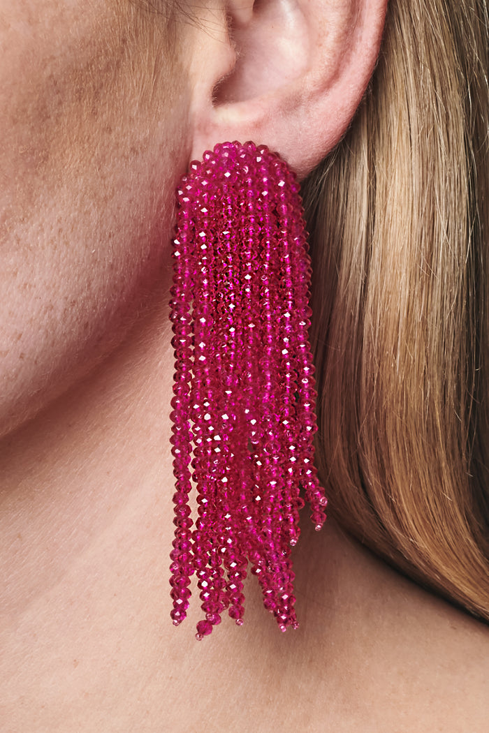 FOUNTAIN PINK GLASS BEADED TASSEL EARRINGS