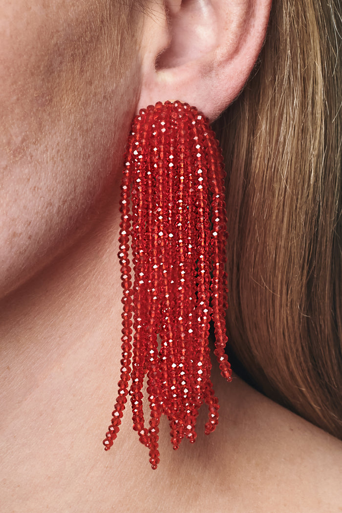 FOUNTAIN RED GLASS BEADED TASSEL EARRINGS