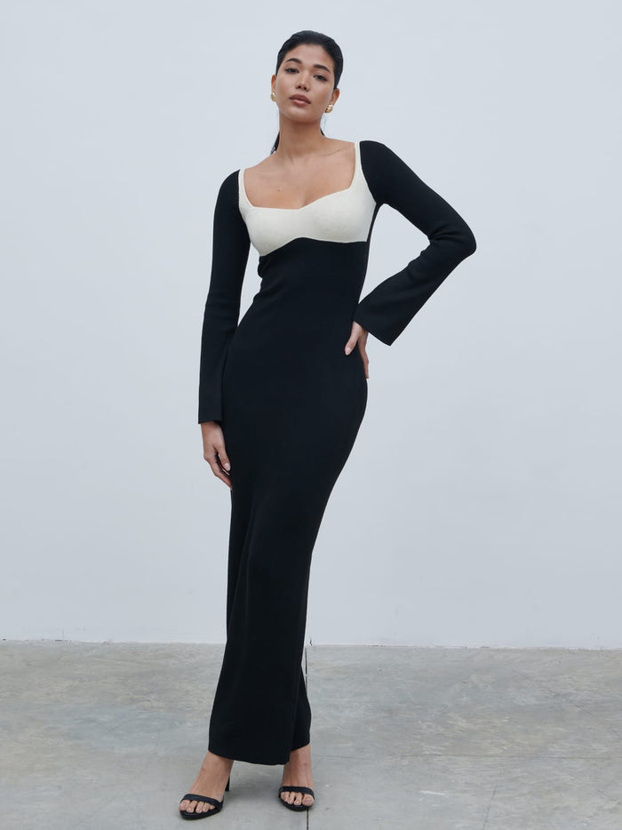 Bianca Is 5'9" & Wears Size UK XS|Freya Contrast Knit Maxi Dress - Black and Cream