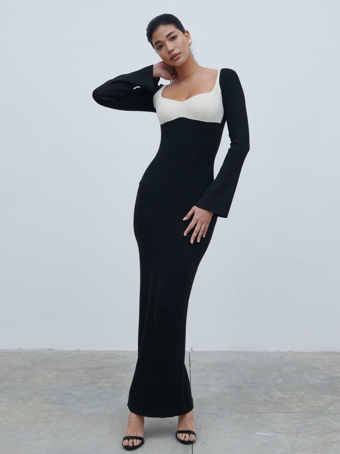 Bianca Is 5'9" & Wears Size UK XS|Freya Contrast Knit Maxi Dress - Black and Cream